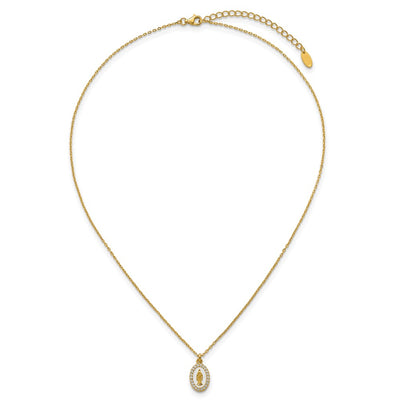 Sterling Silver Gold-plated CZ and White Enamel Miraculous Medal with extender Necklace
