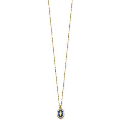 Sterling Silver Gold-plated CZ and Blue Enamel Miraculous Medal with extender Necklace