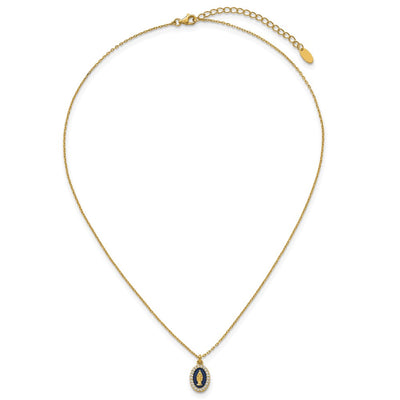 Sterling Silver Gold-plated CZ and Blue Enamel Miraculous Medal with extender Necklace
