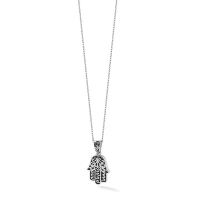 Sterling Silver Rhodium-plated Polished and Oxidized Filigree Hamsa Necklace