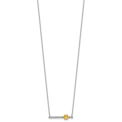 Sterling Silver Rhodium-plated and Gold-tone Polished CZ Pawprint Bar with Extension Necklace