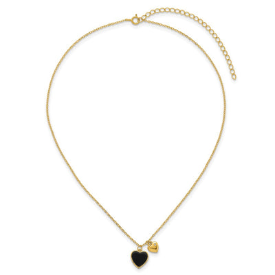 Sterling Silver Gold-tone Polished Onyx and CZ Hearts with Extension Children's Necklace