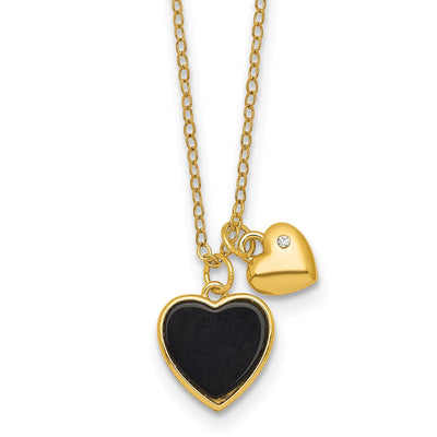 Sterling Silver Gold-tone Polished Onyx and CZ Hearts with Extension Children's Necklace
