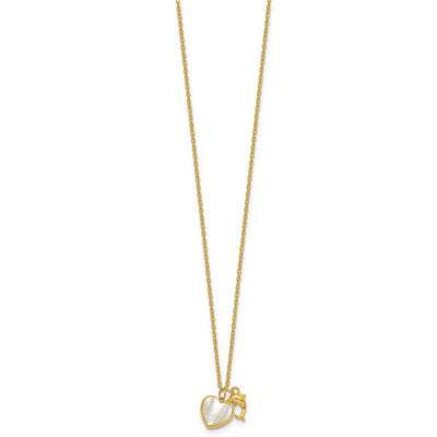 Sterling Silver Gold-tone Polished Mother of Pearl and CZ Heart and Dolphin with Extension Necklace