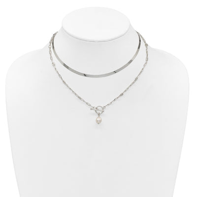 Sterling Silver Polished Baroque White Crystal Pearl Multi-strand with Extension Necklace