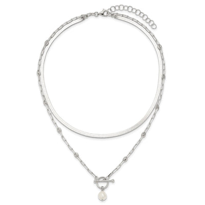 Sterling Silver Polished Baroque White Crystal Pearl Multi-strand with Extension Necklace