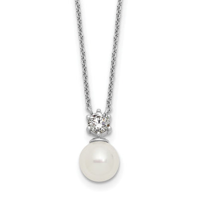 Sterling Silver Rhodium-plated Polished CZ and Shell Pearl with Extender Necklace