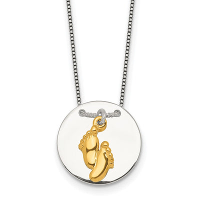 Sterling Silver with Gold-tone Polished Footprint Dangle on Disc Necklace