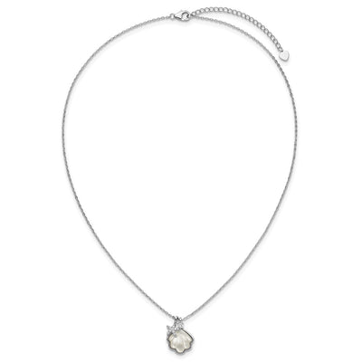Sterling Silver Rhodium-plated Polished Mother of Pearl Shell and CZ Starfish with Extension Necklace