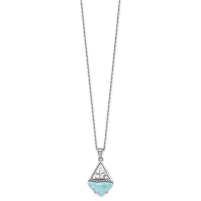 Sterling Silver Rhodium-plated Polished and Beaded Larimar Sailboat with Extension Necklace