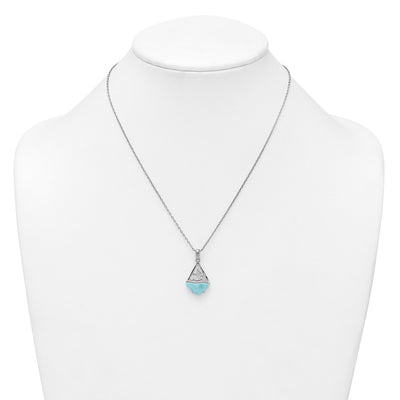 Sterling Silver Rhodium-plated Polished and Beaded Larimar Sailboat with Extension Necklace
