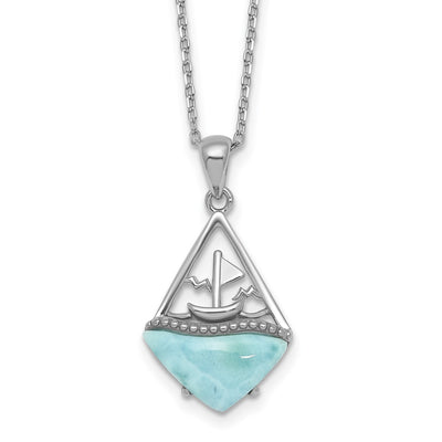 Sterling Silver Rhodium-plated Polished and Beaded Larimar Sailboat with Extension Necklace