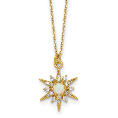 Sterling Silver Gold-Tone Polished Lab Created Opal and CZ Starburst with Extension Necklace