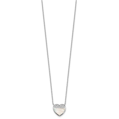 Sterling Silver Rhodium-plated Polished Mother of Pearl and CZ Heart with Extender Necklace
