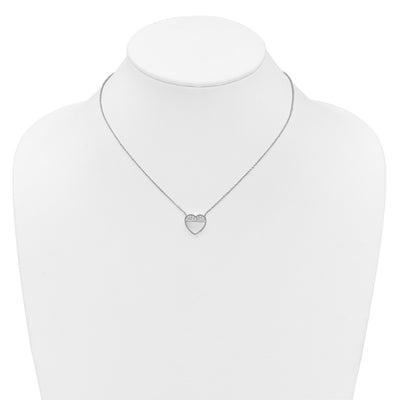 Sterling Silver Rhodium-plated Polished Mother of Pearl and CZ Heart with Extender Necklace