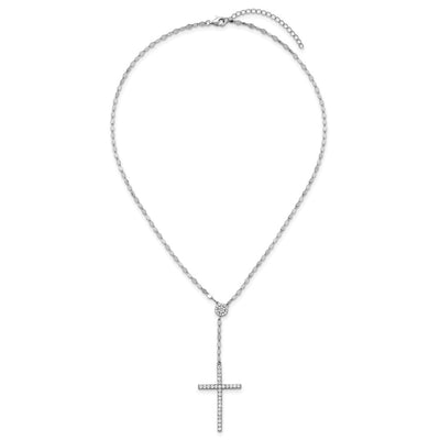 Sterling Silver Rhodium-plated Polished Fancy CZ Latin Cross with Extension Necklace