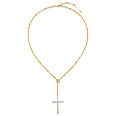 Sterling Silver Gold-tone Polished Fancy CZ Latin Cross with Extension Necklace