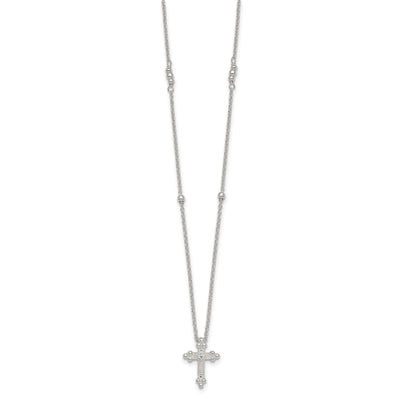 Sterling Silver Polished and Beaded White CZ Budded Cross with Extension Necklace