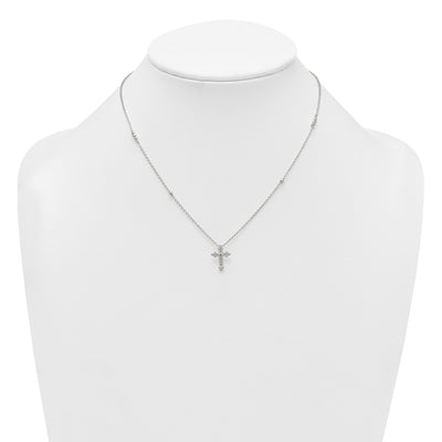 Sterling Silver Polished and Beaded White CZ Budded Cross with Extension Necklace