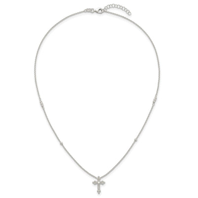 Sterling Silver Polished and Beaded White CZ Budded Cross with Extension Necklace