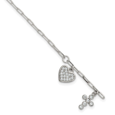 Sterling Silver Polished White CZ Heart and Cross Charms with Extension Bracelet