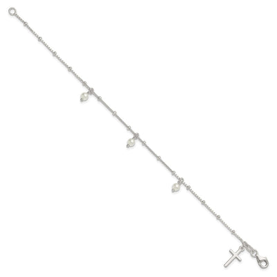 Sterling Silver Polished and Beaded with Glass Pearls and Cross Charm Bracelet