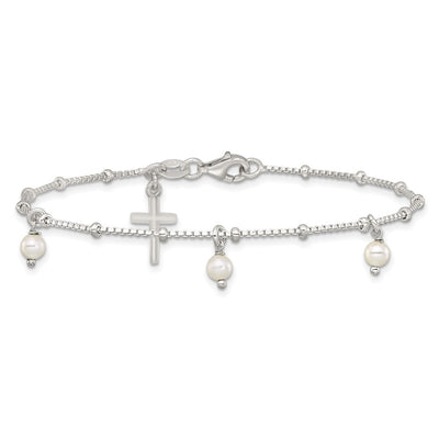 Sterling Silver Polished and Beaded with Glass Pearls and Cross Charm Bracelet