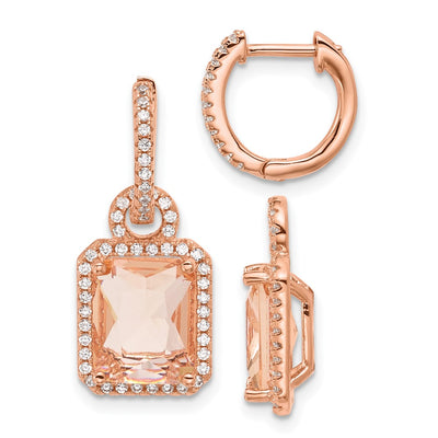 Sterling Silver Rose-tone Polished Pink Glass Stone and CZ Halo Removable Dangle on Round Hinged Hoop Earrings