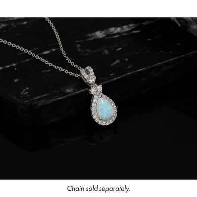 Sterling Silver Rhodium-plated Polished Lab Created Opal and CZ Teardrop Halo Chain Slide Pendant