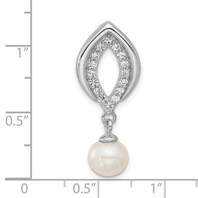 Sterling Silver Rhodium-plated Polished CZ and Freshwater Cultured Pearl Dangle Chain Slide Pendant