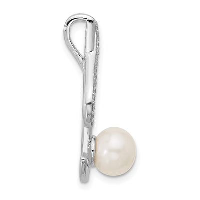 Sterling Silver Rhodium-plated Polished CZ and Freshwater Cultured Pearl Swirl Chain Slide Pendant