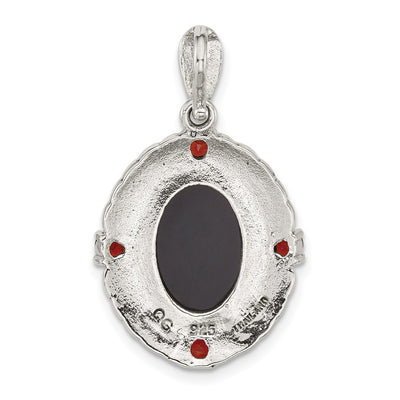 Sterling Silver Antiqued Marcasite and Garnet with Black Agate and Mother of Pearl Cameo Pendant