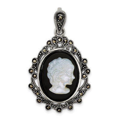 Sterling Silver Antiqued Marcasite with Black Agate and Mother of Pearl Cameo Pendant, 30.9 x 17.5mm