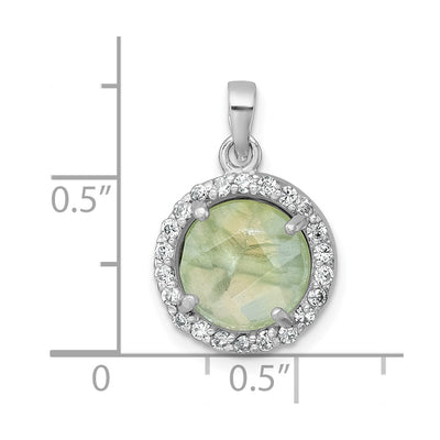 Sterling Silver Rhodium-plated Polished CZ Halo and Faceted Prehnite Circle Pendant