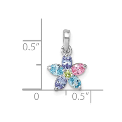Sterling Silver Rhodium-plated Polished Purple, Pink, Blue and Green CZ Flower Pendant