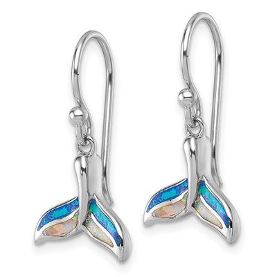 Sterling Silver Rhodium-plated Polished Lab Created Opal Whale Tail Dangle Shepherd Hook Earrings