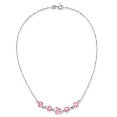 Sterling Silver Polished Pink Enameled Flowers and Pink Glass Butterfly Childrens Necklace