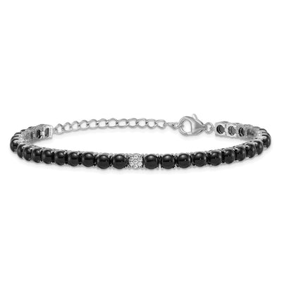 Sterling Silver Rhodium-plated Polished Pavé CZ and Onyx with Extension Bracelet