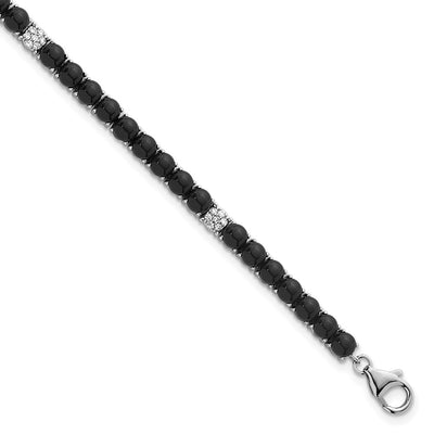 Sterling Silver Rhodium-plated Polished Pavé CZ and Onyx with Extension Bracelet