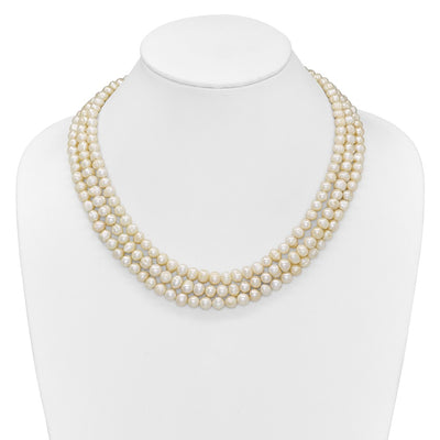 Sterling Silver Triple Strand White FW Cultured Pearl Necklace