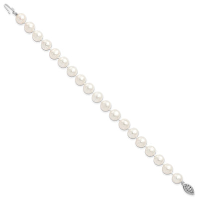 Sterling Silver Rhodium-plated White Near Round Freshwater Cultured Pearl Bracelet