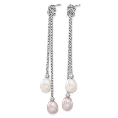 Sterling Silver Rhodium-plated Pink and White Teardrop Freshwater Cultured Pearl Knot Necklace and Post Dangle Earrings Set