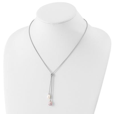 Sterling Silver Rhodium-plated Pink and White Teardrop Freshwater Cultured Pearl Knot Necklace and Post Dangle Earrings Set