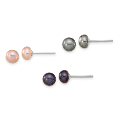 Sterling Silver Rhodium-plated Black, Pink and Gray Semi-Round Freshwater Cultured Pearl Necklace, Bracelet and 3-piece Button Post Earrings Set