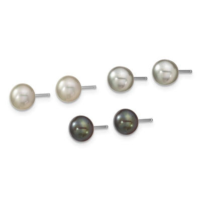 Sterling Silver Rhodium-plated Grey and Black Semi-Round Freshwater Cultured Pearl Necklace and 7.25 Bracelet and 3-piece Button Post Earrings Set