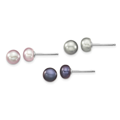 Sterling Silver Rhodium-plated Grey, Pink and Black Semi-Round Freshwater Cultured Pearl Necklace, Bracelet and 3-piece Button Post Earrings Set