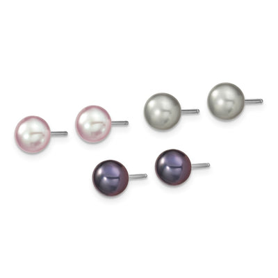 Sterling Silver Rhodium-plated Grey, Pink and Black Semi-Round Freshwater Cultured Pearl Necklace, Bracelet and 3-piece Button Post Earrings Set