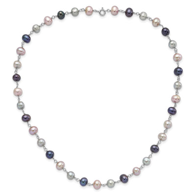 Sterling Silver Rhodium-plated Grey, Pink and Black Semi-Round Freshwater Cultured Pearl Necklace, Bracelet and 3-piece Button Post Earrings Set