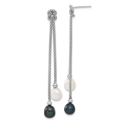 Sterling Silver Rhodium-plated Black and White Teardrop Freshwater Cultured Pearl Knot Necklace and Post Dangle Earrings Set
