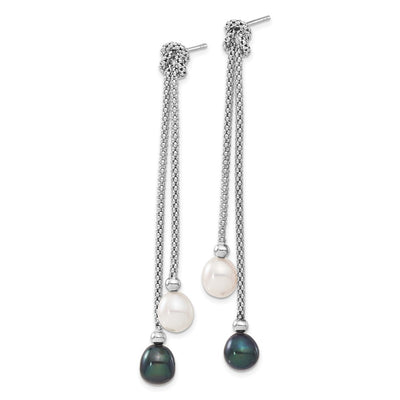 Sterling Silver Rhodium-plated Black and White Teardrop Freshwater Cultured Pearl Knot Necklace and Post Dangle Earrings Set